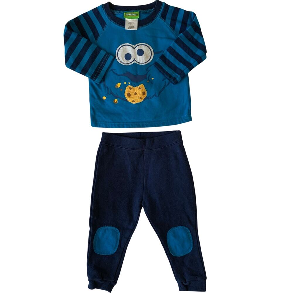 Sesame Street Infant 12 Months Cookie Monster Long Sleeve Pajama Set Blue Stripe